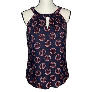 Outback Red Top Nautical Anchor Print Keyhole Tie Neck Sleeveless Blouse Size S